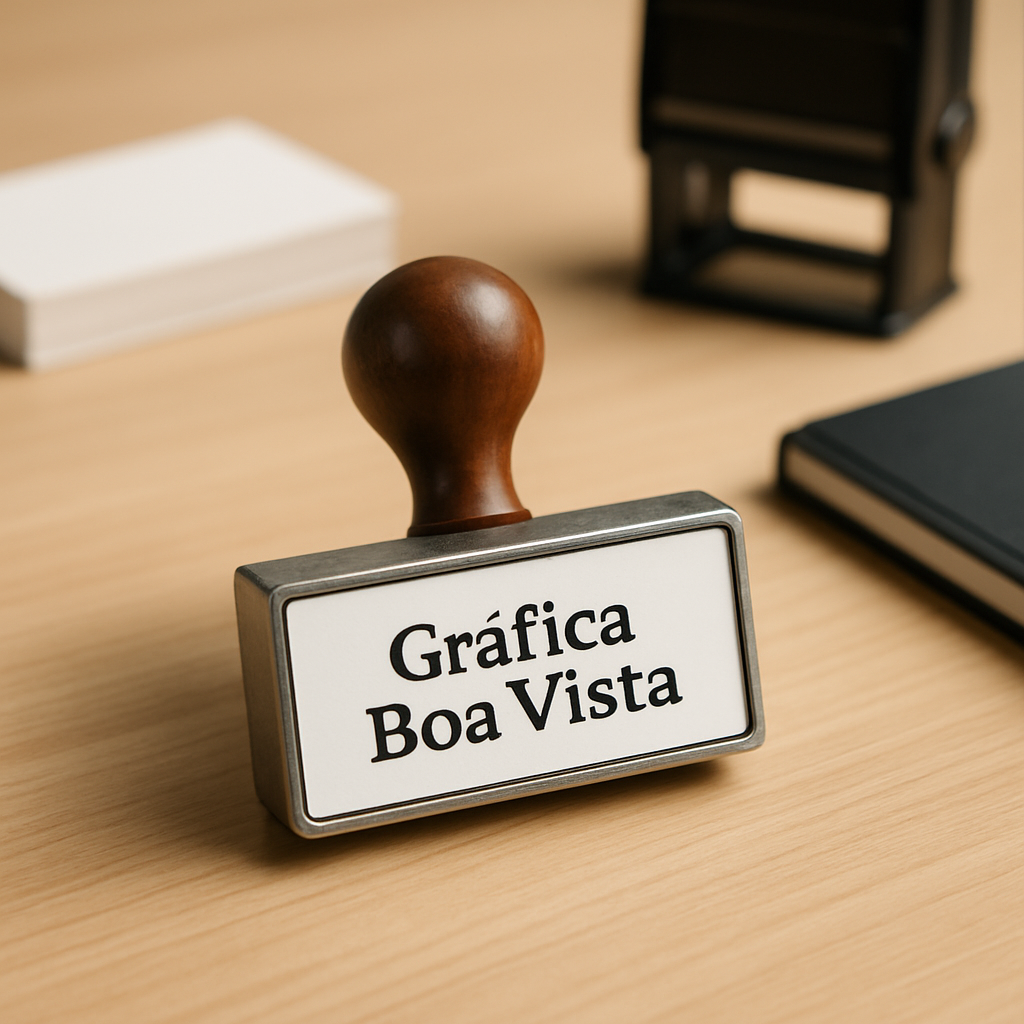 Carimbo personalizado sobre mesa em ambiente de gráfica em Curitiba