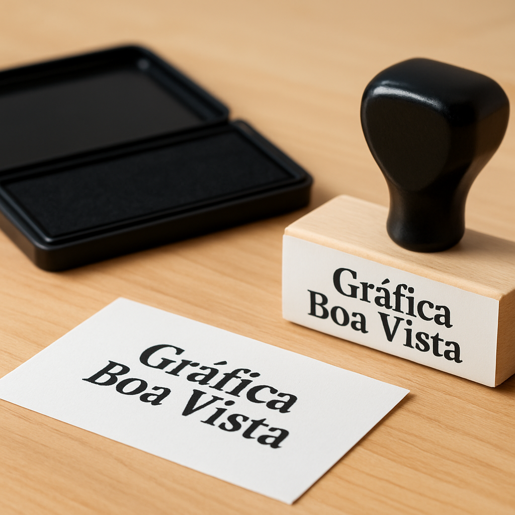 Carimbo personalizado sobre mesa em ambiente de gráfica em Curitiba