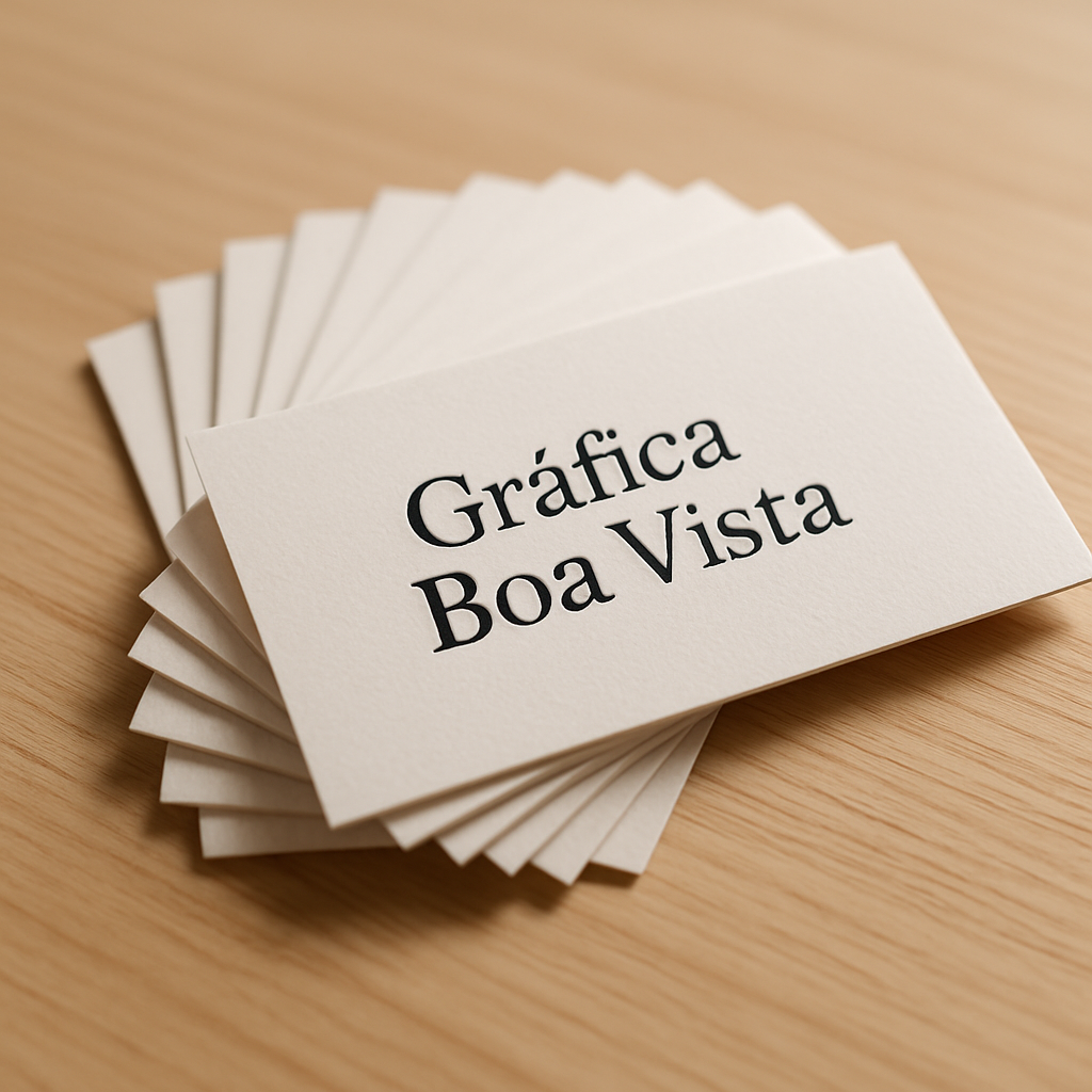 Cartões de visita personalizados em uma gráfica de Curitiba, sobre uma mesa limpa, com acabamento profissional