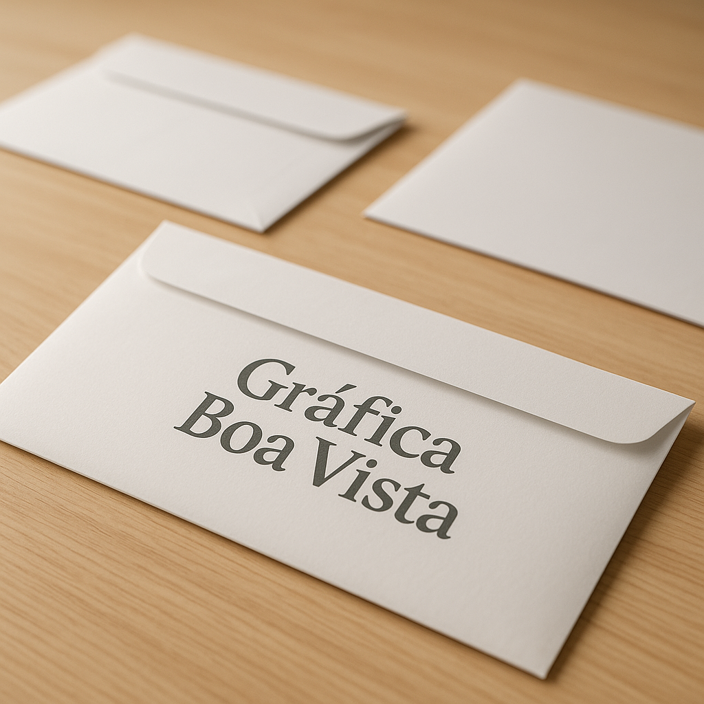 Envelopes personalizados sobre uma mesa em uma gráfica, em Curitiba, com acabamento profissional