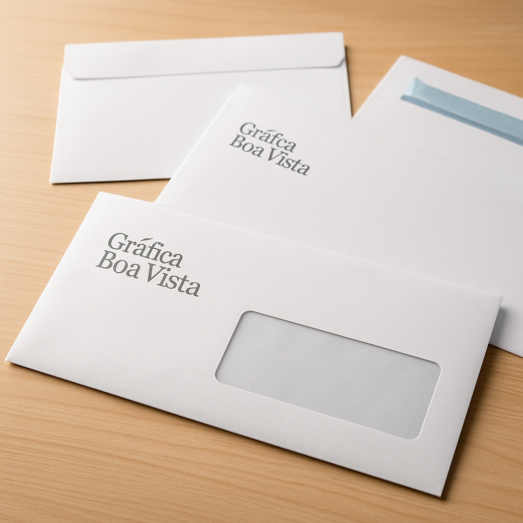 Envelopes personalizados sobre uma mesa em uma gráfica, em Curitiba, com acabamento profissional