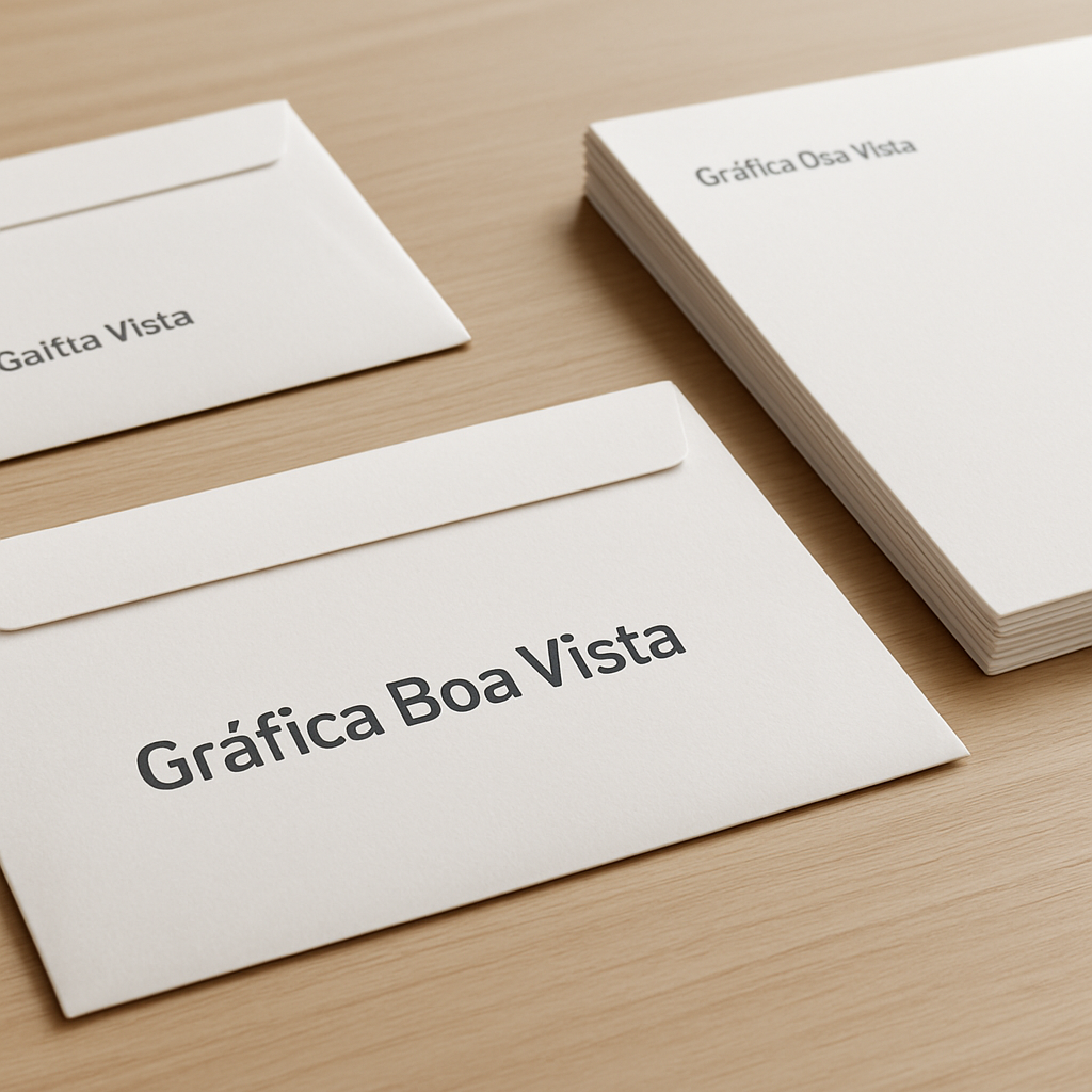 Envelopes personalizados sobre uma mesa em uma gráfica, em Curitiba, com acabamento profissional