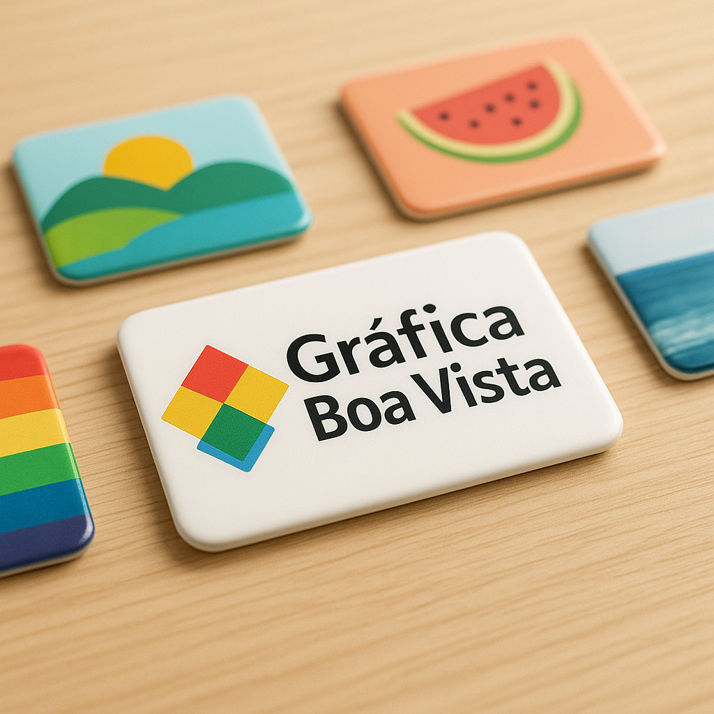 Ímãs de geladeira personalizados em destaque na porta da geladeira, mostrando um exemplo de produto promocional em Curitiba