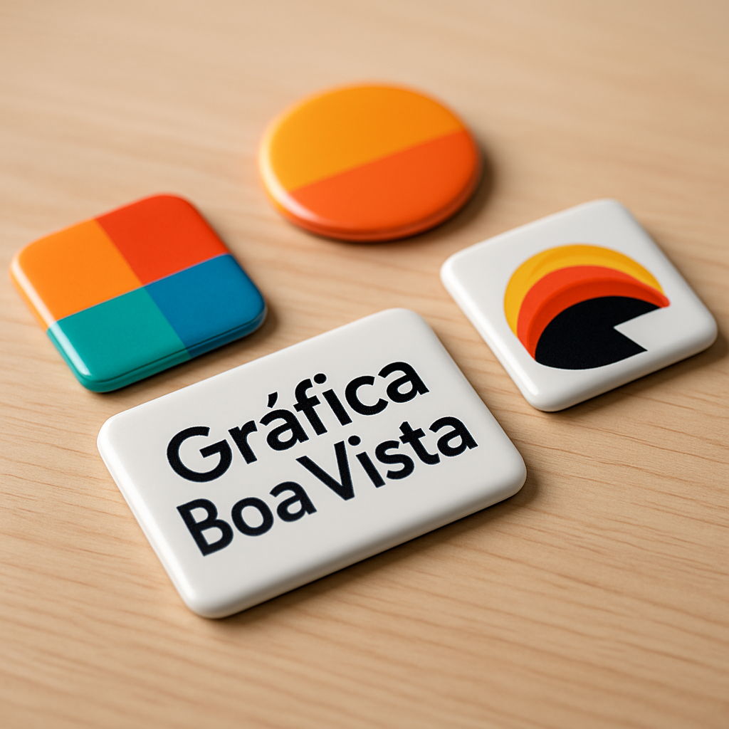 Ímãs de geladeira personalizados em destaque na porta da geladeira, mostrando um exemplo de produto promocional em Curitiba