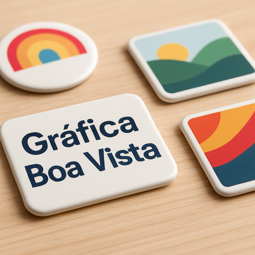Ímãs de geladeira personalizados em destaque na porta da geladeira, mostrando um exemplo de produto promocional em Curitiba