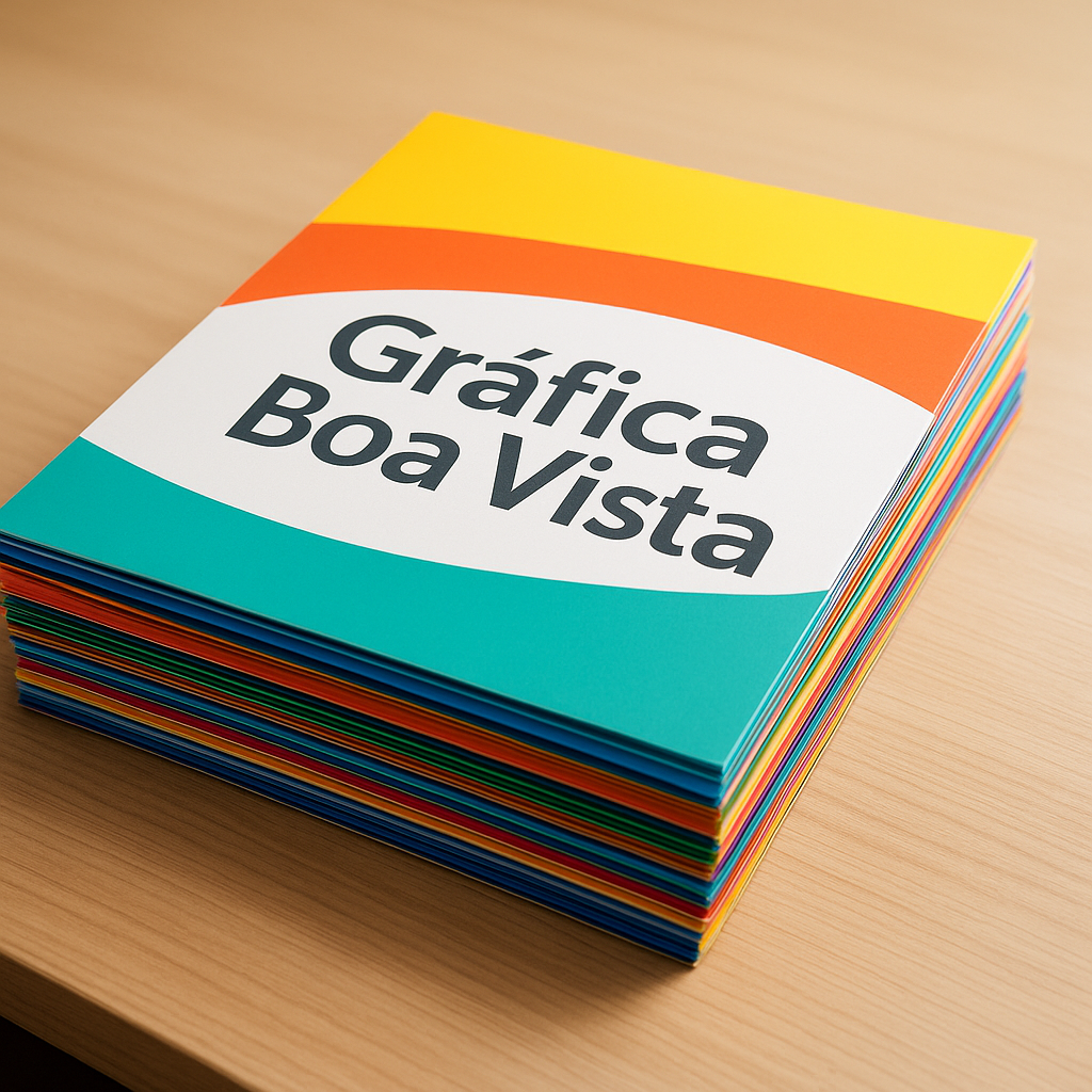 Gráfica em Curitiba com pilhas de panfletos personalizados prontos para retirada