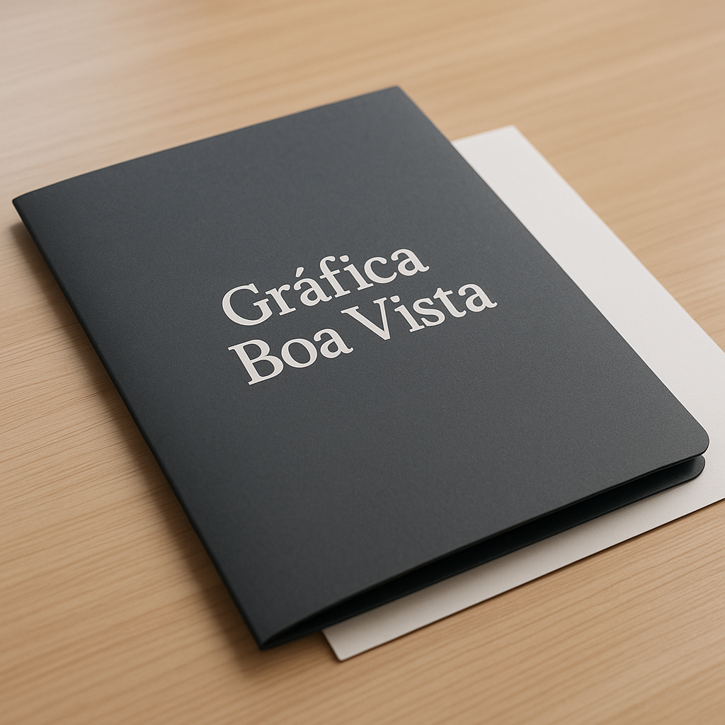 Pasta personalizado em Curitiba em uma gráfica, com amostras de pastas corporativas sobre uma mesa