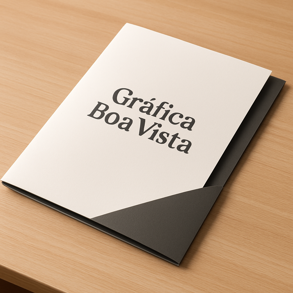 Pasta personalizado em Curitiba em uma gráfica, com amostras de pastas corporativas sobre uma mesa