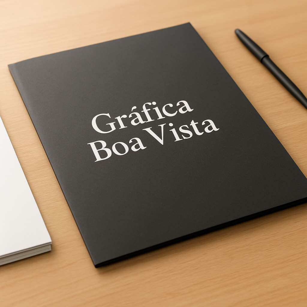 Pasta personalizado em Curitiba em uma gráfica, com amostras de pastas corporativas sobre uma mesa