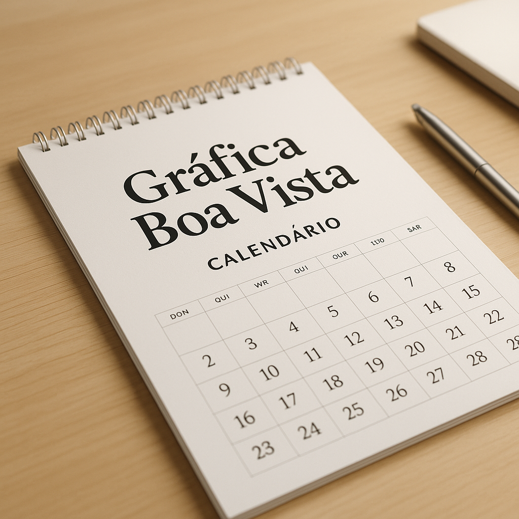 Calendários impressos em gráfica de Curitiba, com modelos de mesa e parede organizados sobre uma bancada