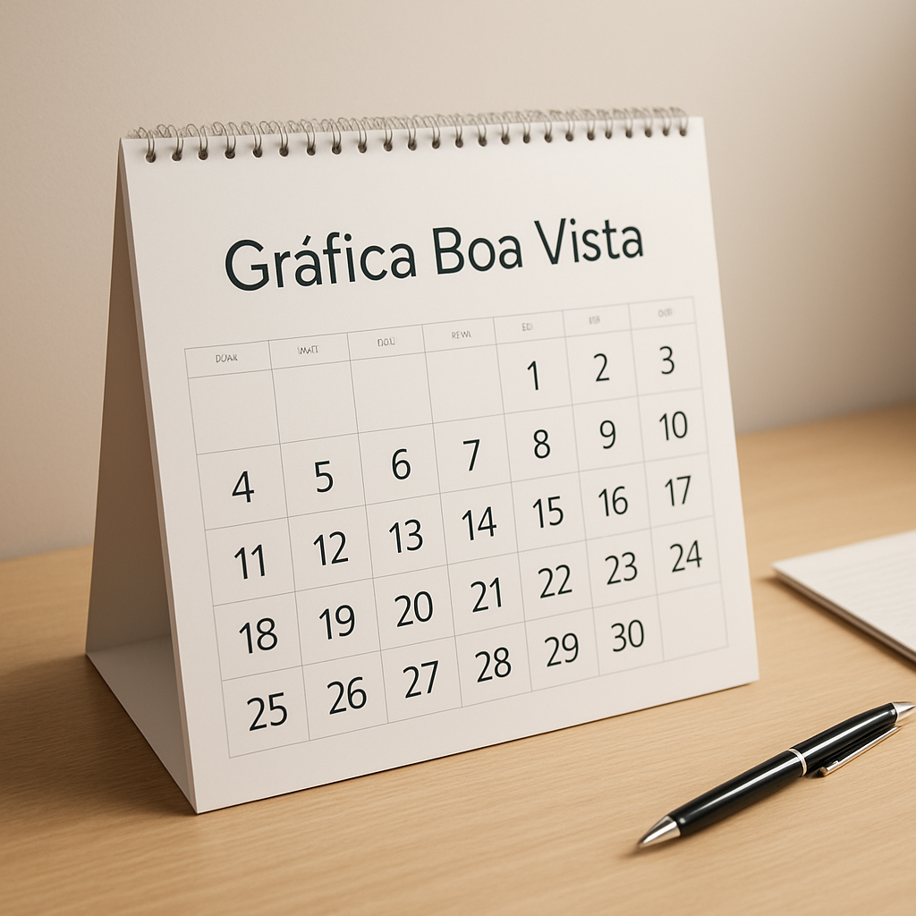 Calendários impressos em gráfica de Curitiba, com modelos de mesa e parede organizados sobre uma bancada