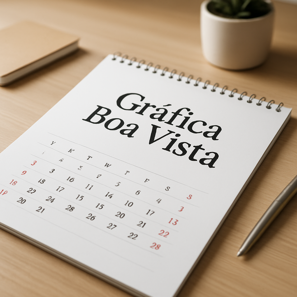 Calendários impressos em gráfica de Curitiba, com modelos de mesa e parede organizados sobre uma bancada