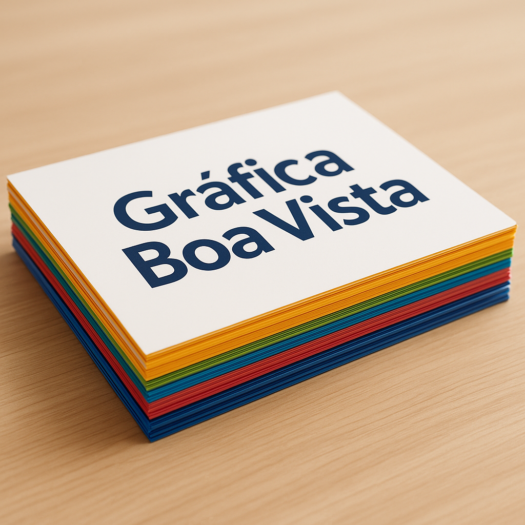 Panfletos impressos em uma gráfica em Curitiba, com materiais organizados sobre a mesa de produção