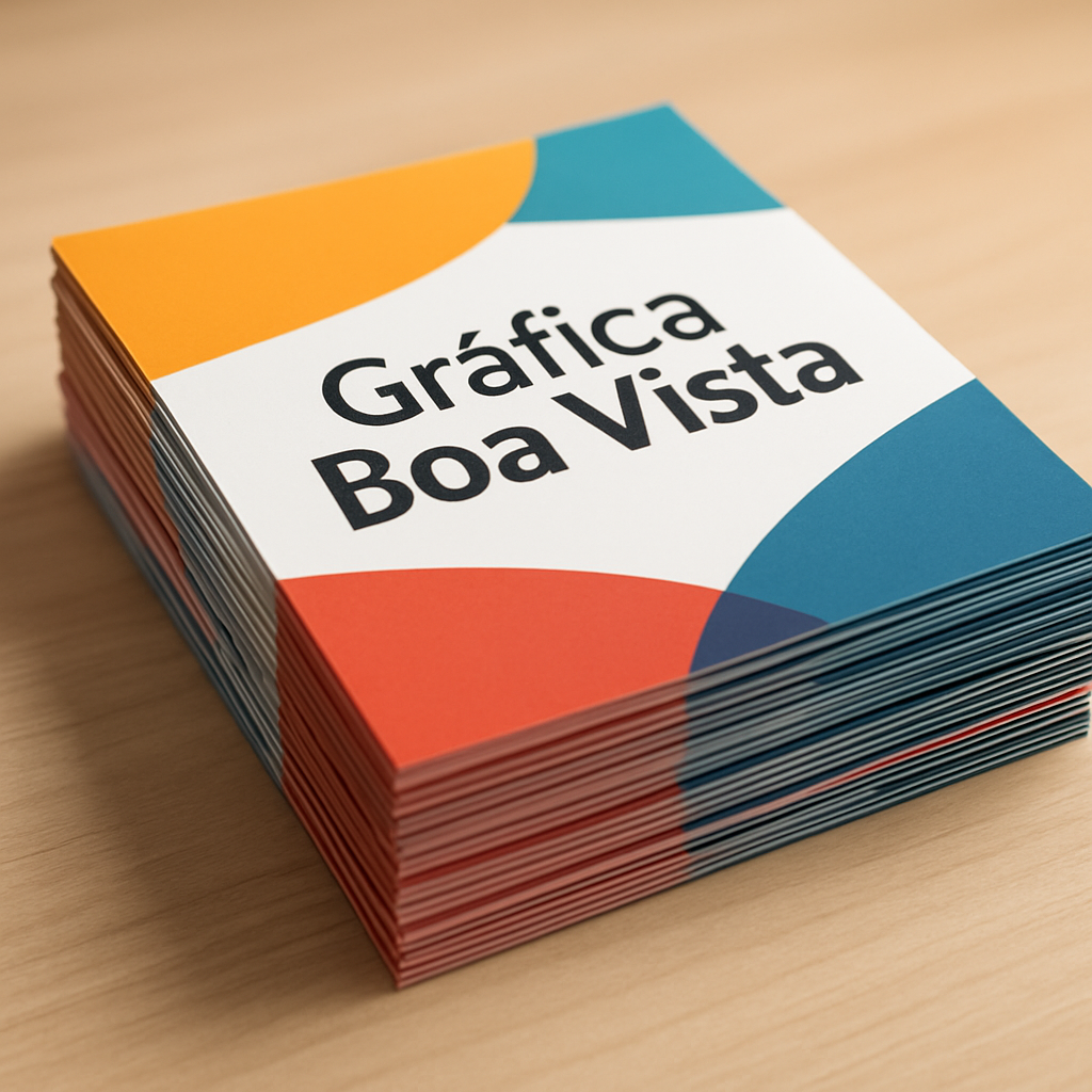 Panfletos impressos em uma gráfica em Curitiba, com materiais organizados sobre a mesa de produção