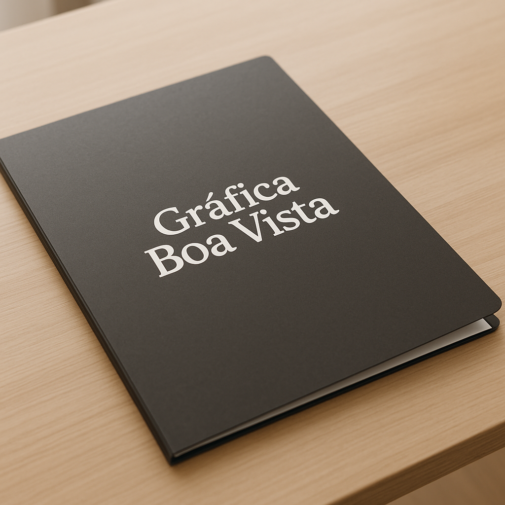 Pasta personalizada corporativa sobre uma mesa, com documentos organizados, em ambiente profissional