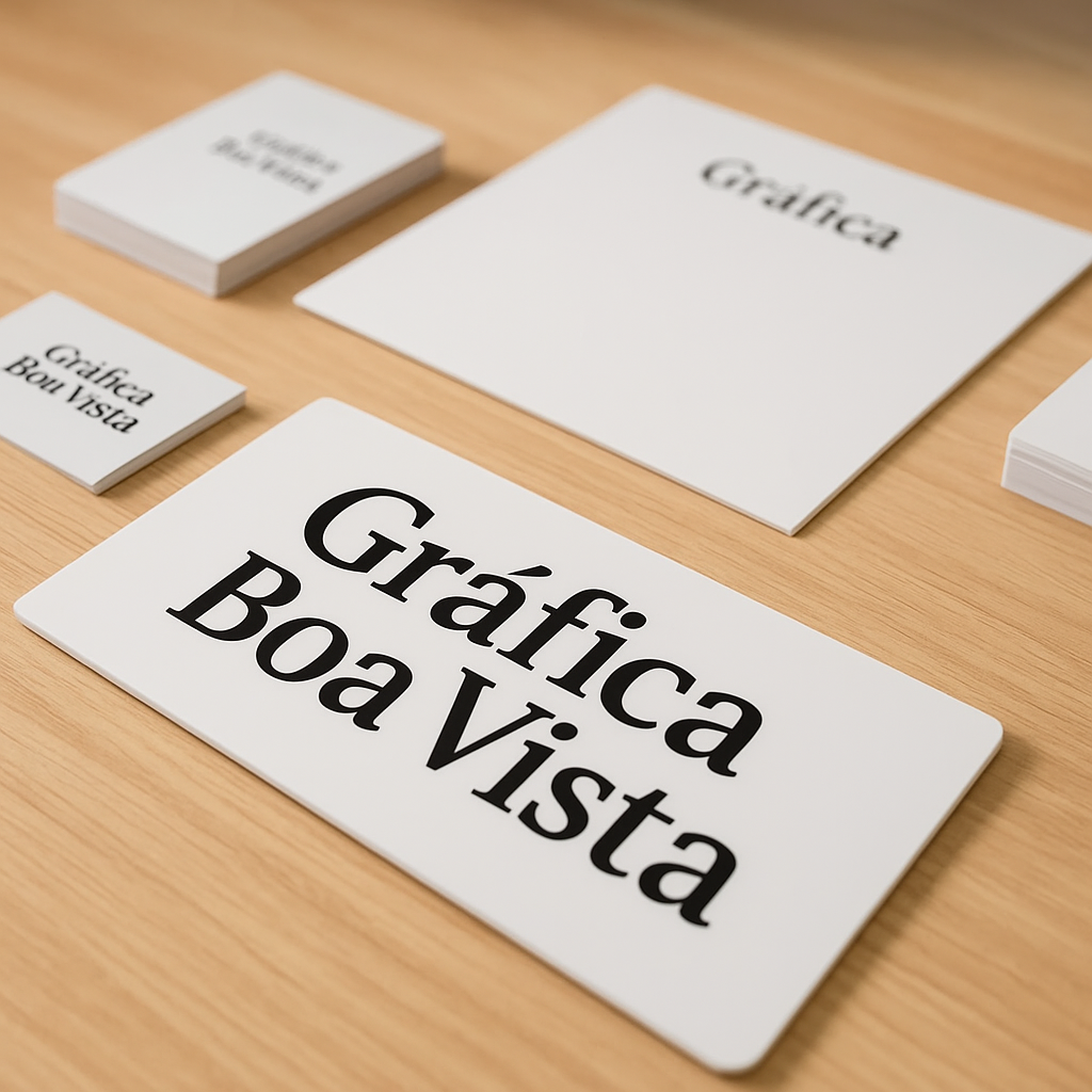 Foto de placas PVC personalizadas em ambiente de gráfica, com amostras de formatos e acabamento profissional