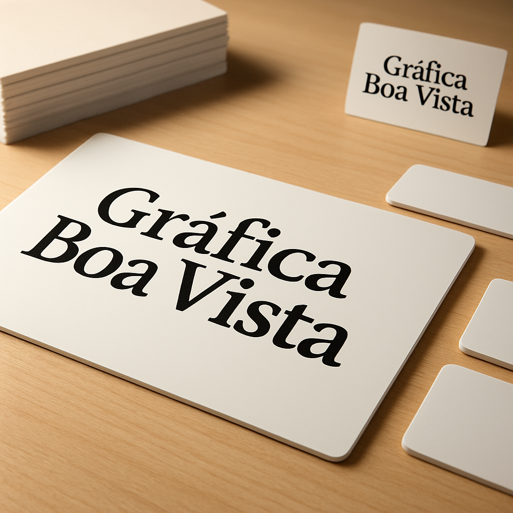 Foto de placas PVC personalizadas em ambiente de gráfica, com amostras de formatos e acabamento profissional