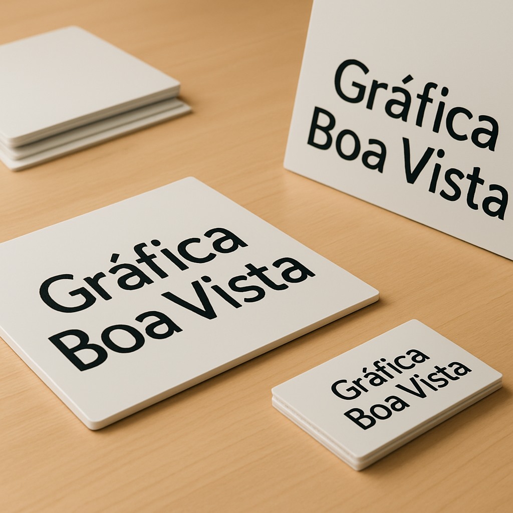Foto de placas PVC personalizadas em ambiente de gráfica, com amostras de formatos e acabamento profissional