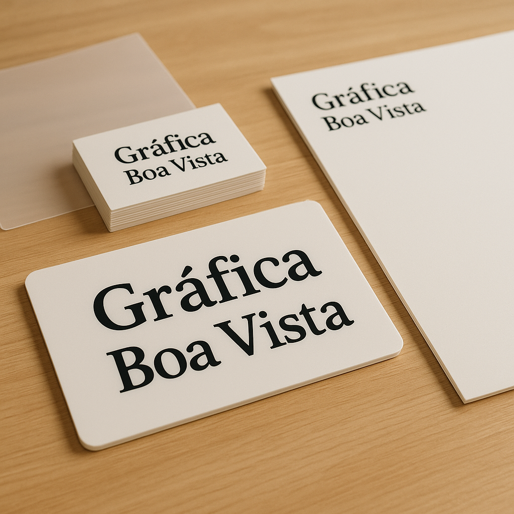 Gráfica em Curitiba com placas PVC e PS impressas sobre bancada de produção
