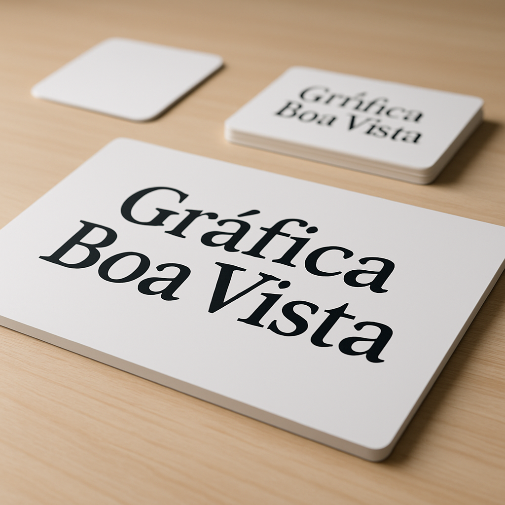 Gráfica em Curitiba com placas PVC e PS impressas sobre bancada de produção
