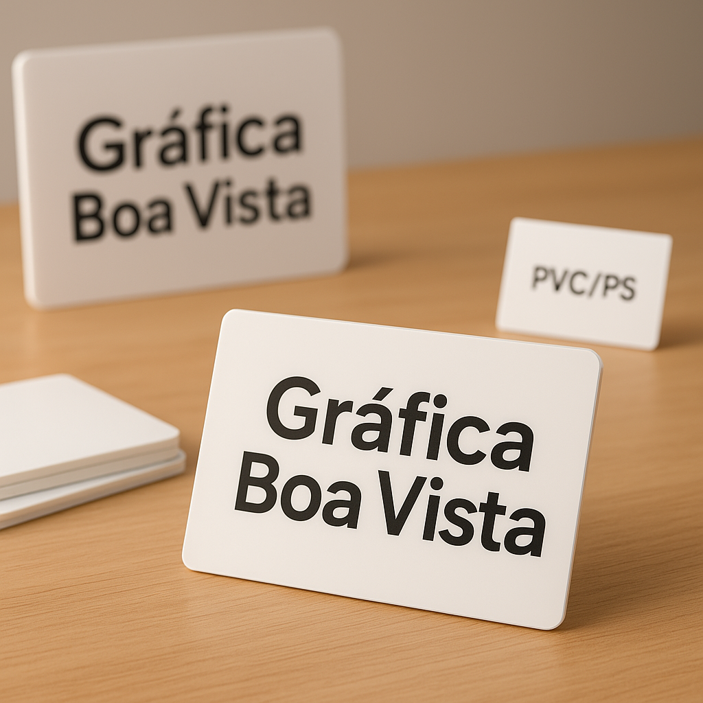 Placas PVC e PS em ambiente de gráfica, com aparência profissional e produção em Curitiba/PR