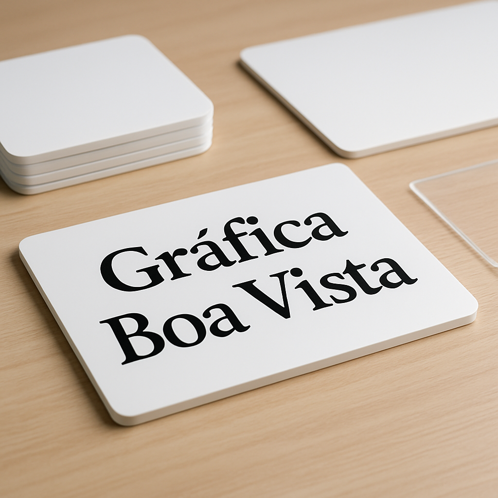 Placas PVC e PS em ambiente de gráfica, com aparência profissional e produção em Curitiba/PR