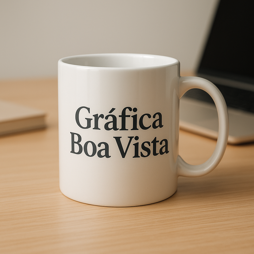 Caneca de porcelana branca personalizada em recepção de clínica, com visual profissional e limpo