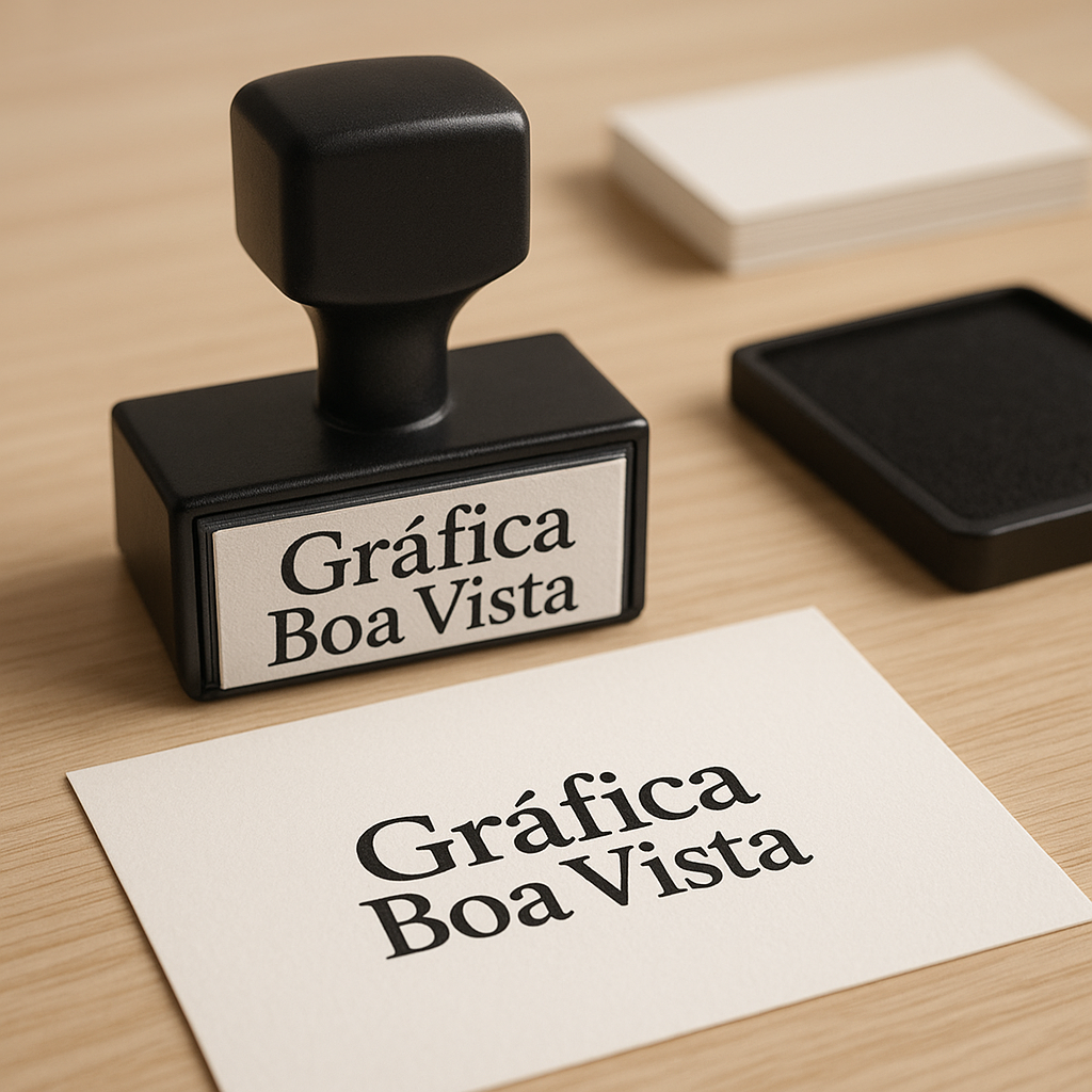 Mesa de clínica com carimbos automáticos e documentos organizados em ambiente profissional