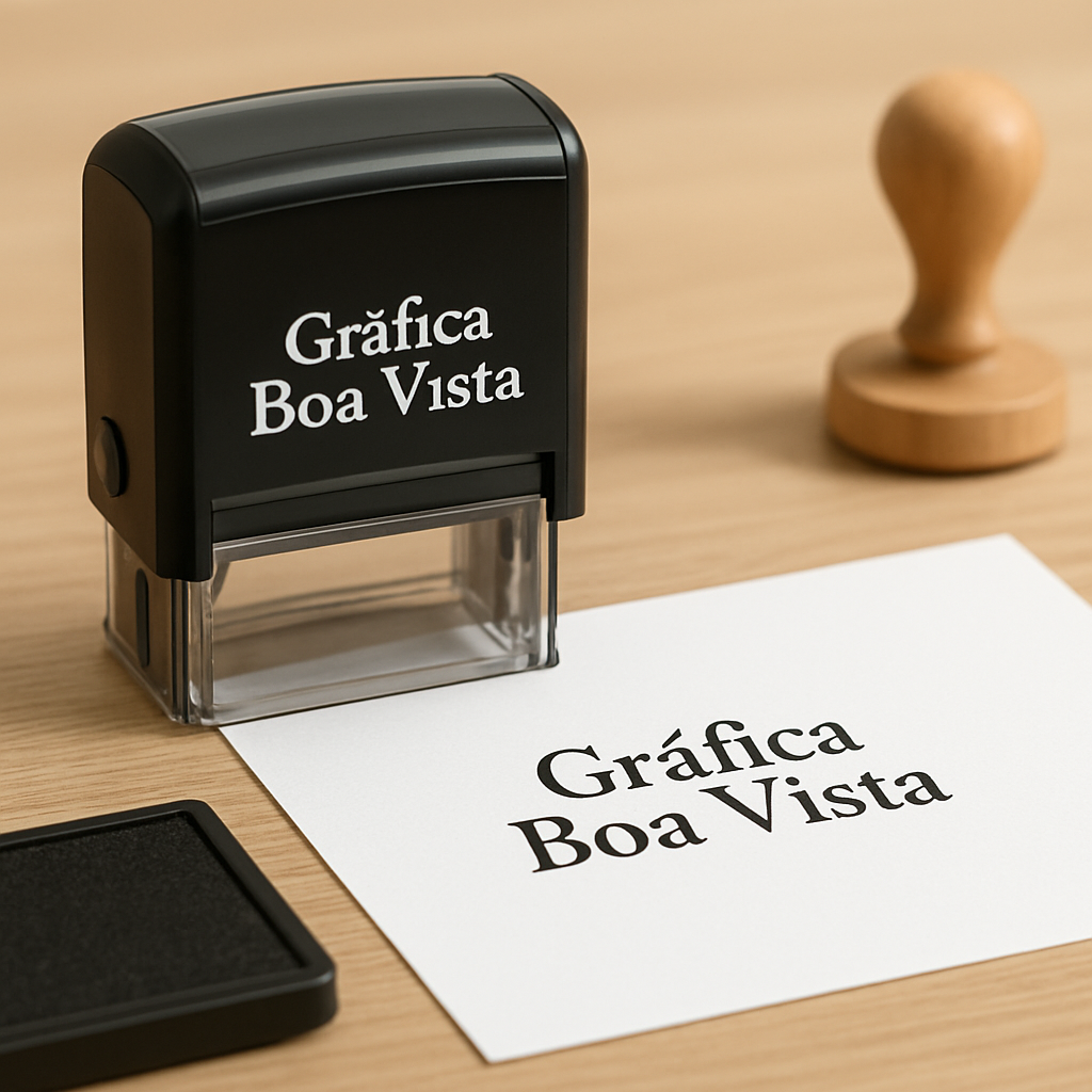 Mesa de clínica com carimbos automáticos e documentos organizados em ambiente profissional