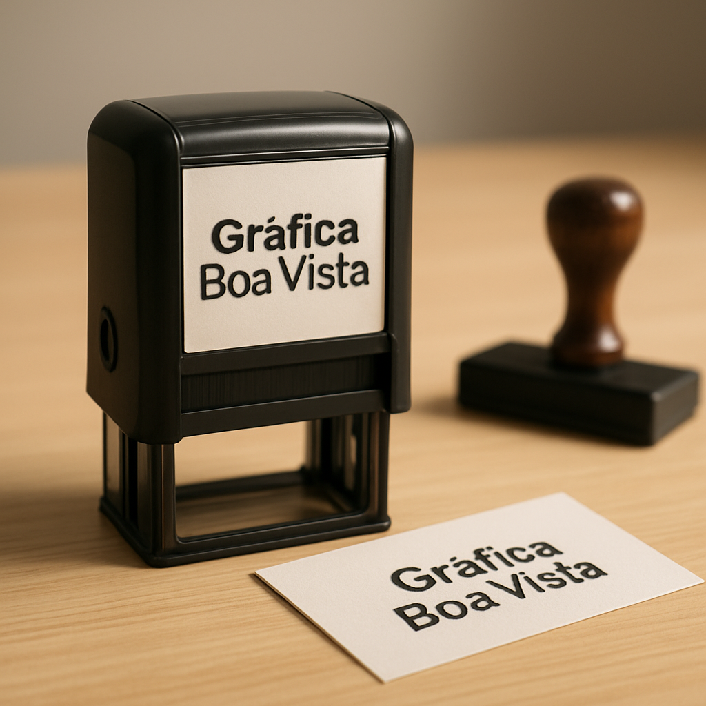 Mesa de clínica com carimbos automáticos e documentos organizados em ambiente profissional
