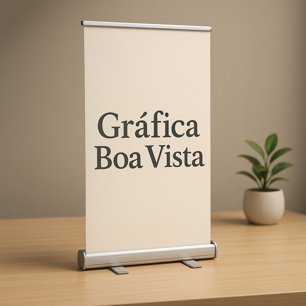 Banner roll up profissional em ambiente corporativo em Curitiba