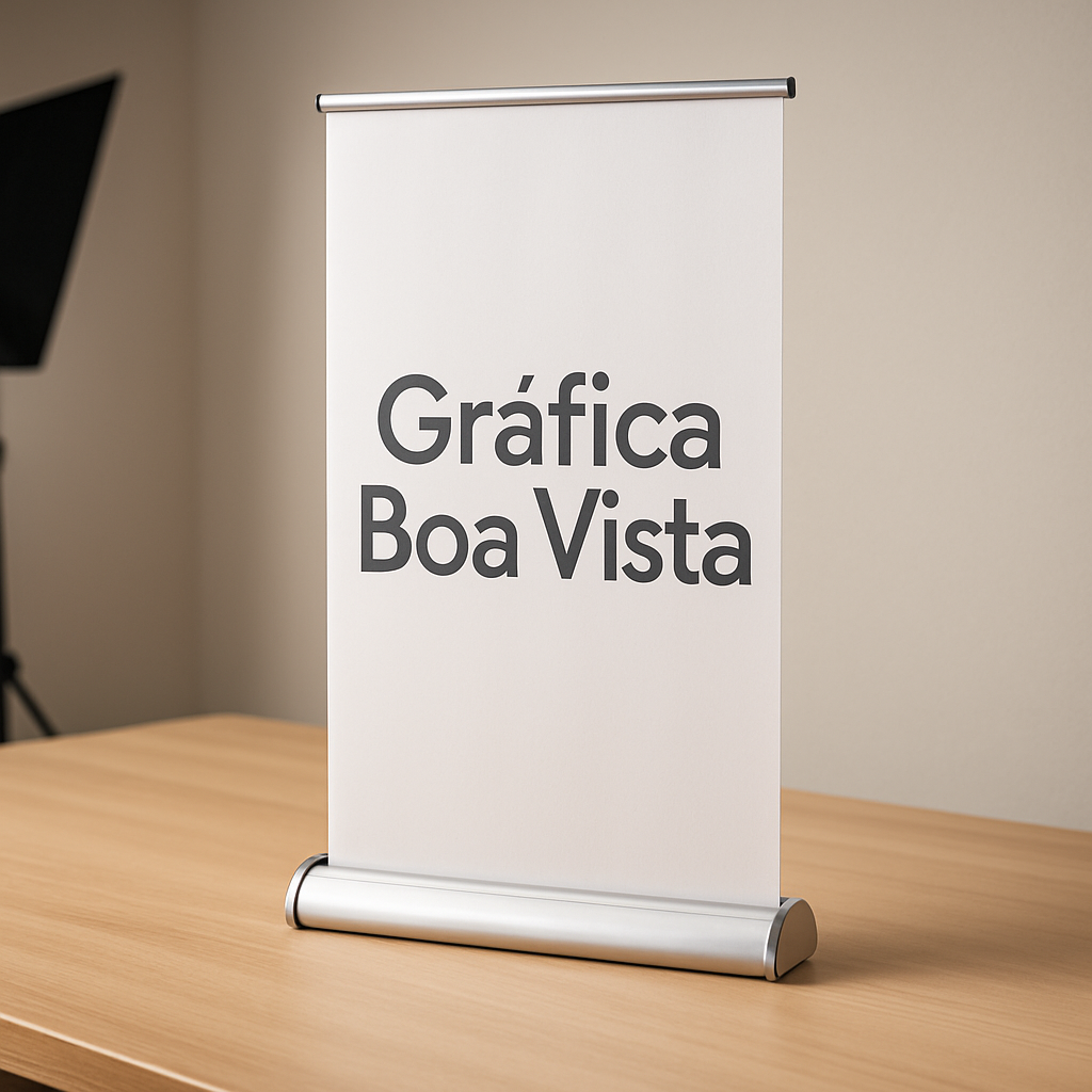 Banner roll up profissional em ambiente corporativo em Curitiba