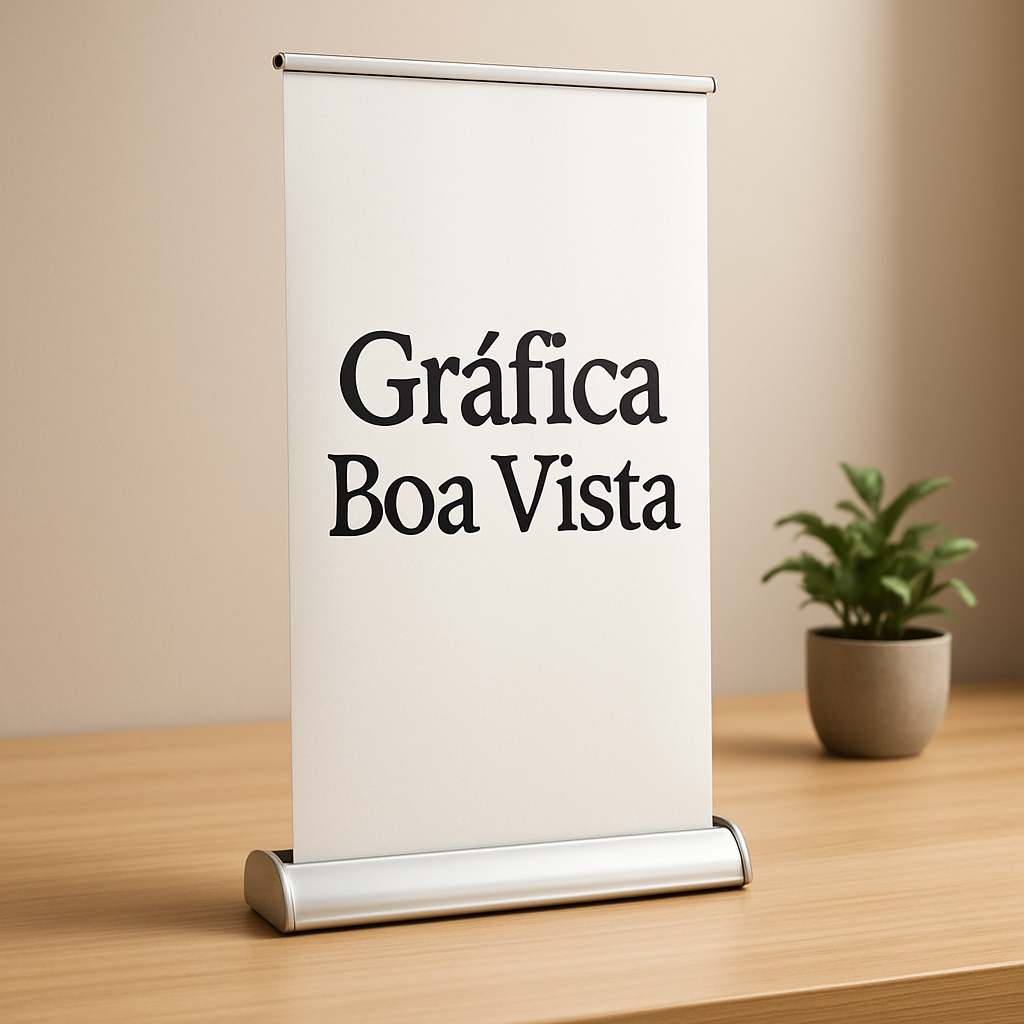 Banner roll up profissional em ambiente corporativo em Curitiba