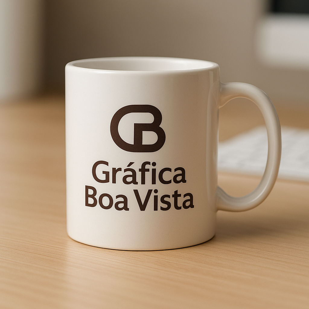 Caneca de porcelana branca personalizada em fundo limpo, com visual profissional de gráfica