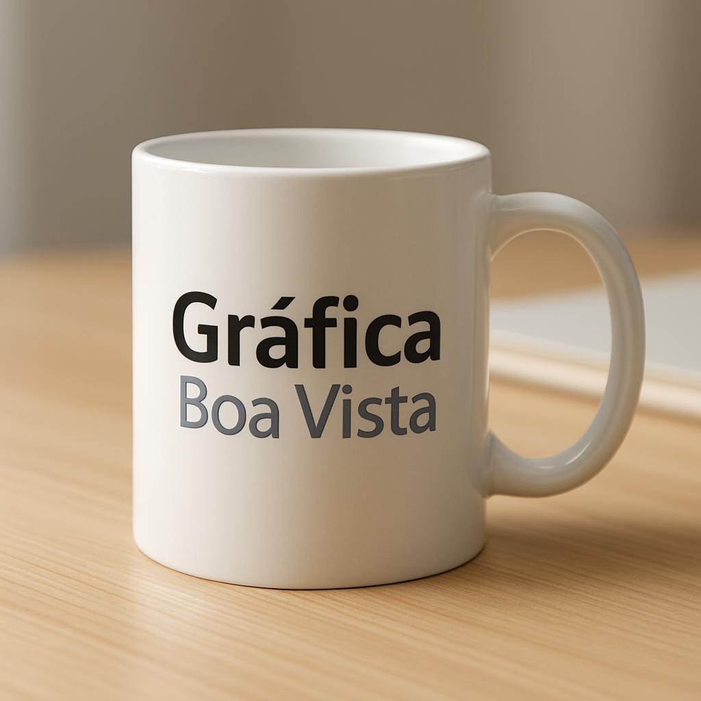 Caneca de porcelana branca personalizada em fundo limpo, com visual profissional de gráfica