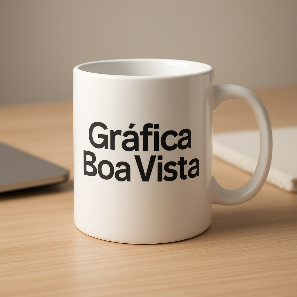 Caneca de porcelana branca personalizada em fundo limpo, com visual profissional de gráfica