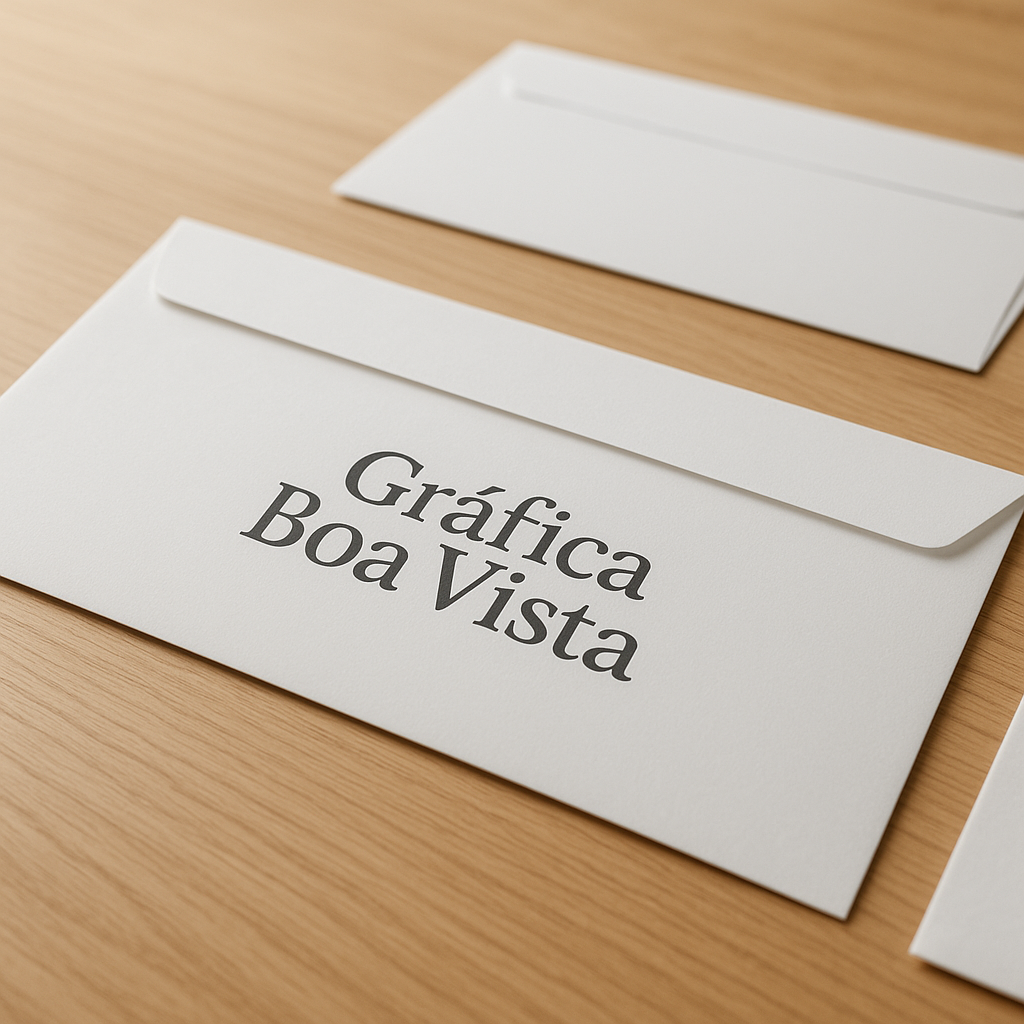 Envelopes personalizados sobre a mesa de uma gráfica em Curitiba, com ambiente profissional e acabamento de impressão