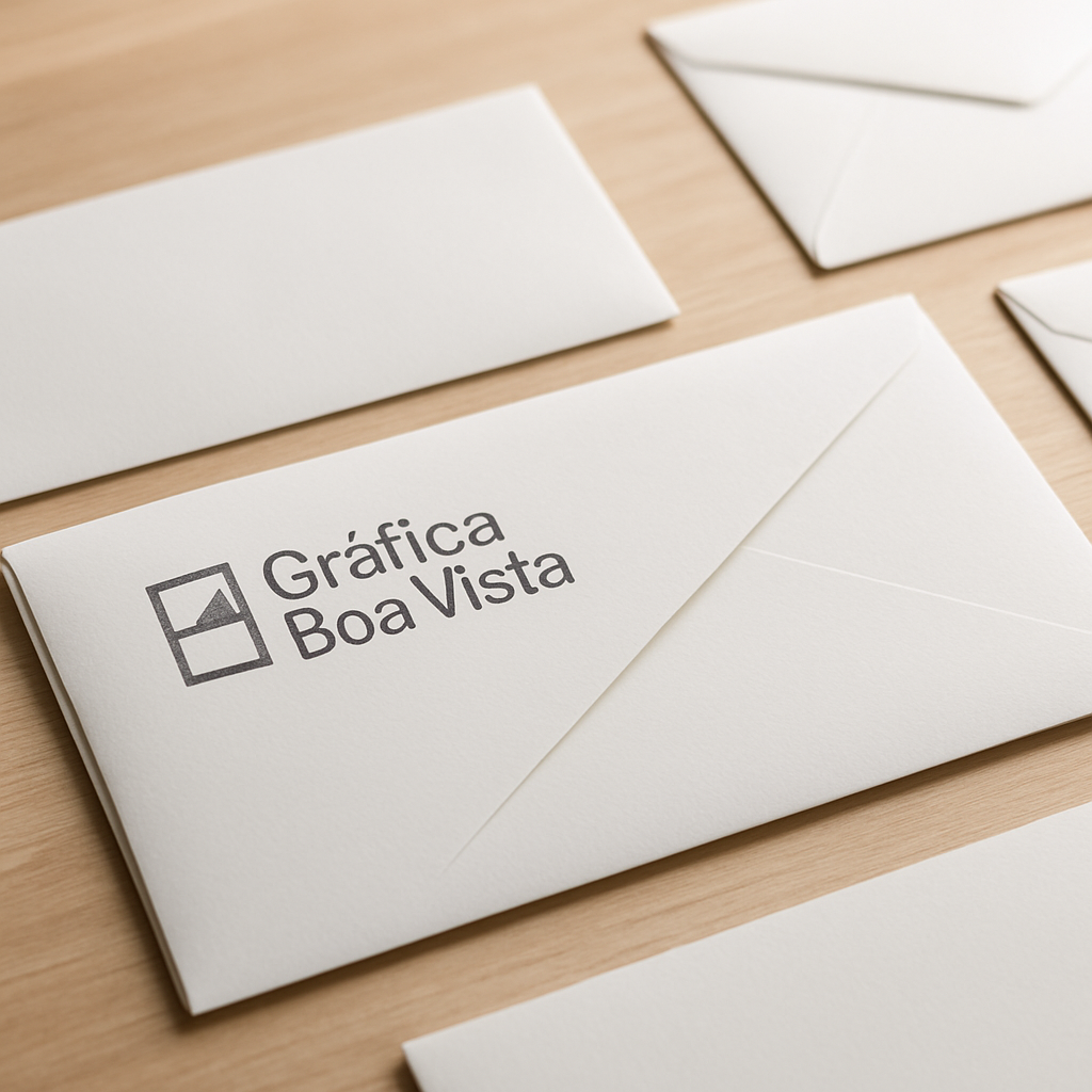 Envelopes personalizados sobre a mesa de uma gráfica em Curitiba, com ambiente profissional e acabamento de impressão