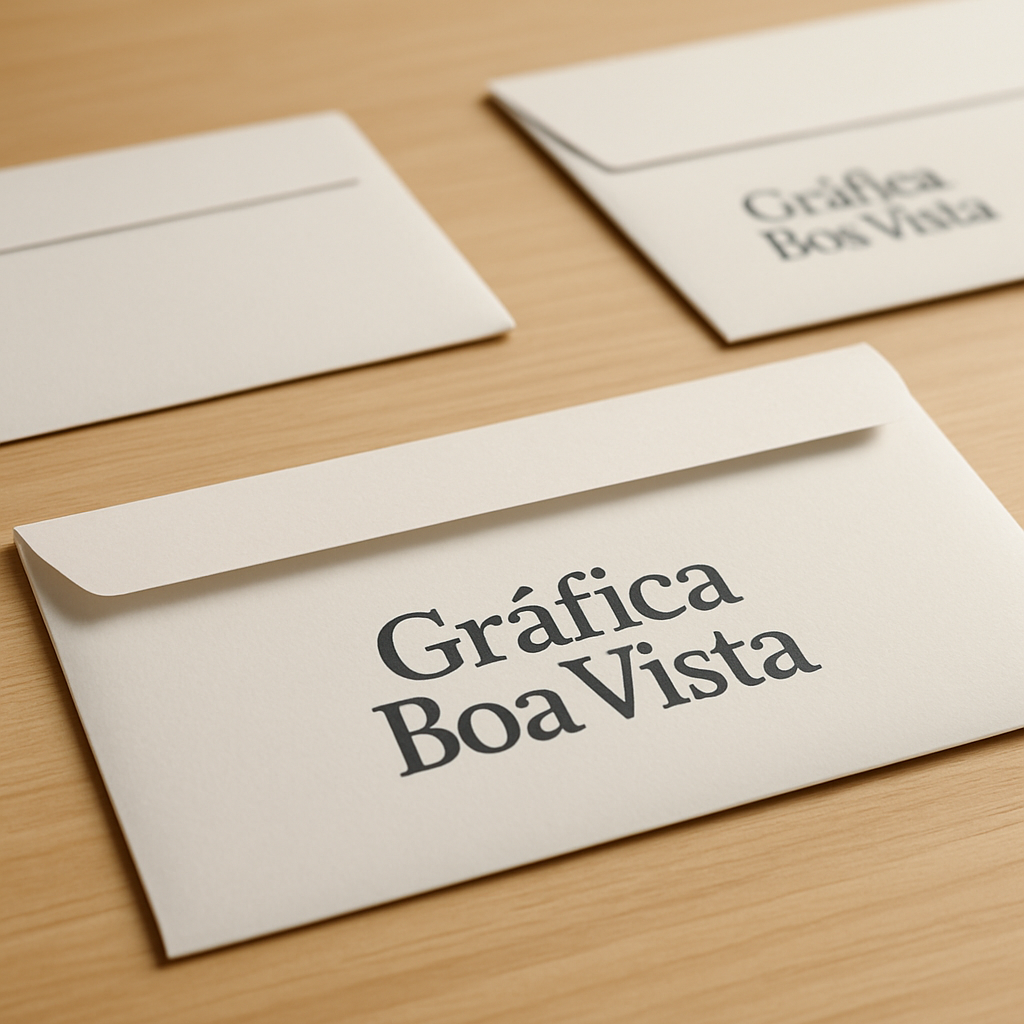 Envelopes personalizados sobre a mesa de uma gráfica em Curitiba, com ambiente profissional e acabamento de impressão
