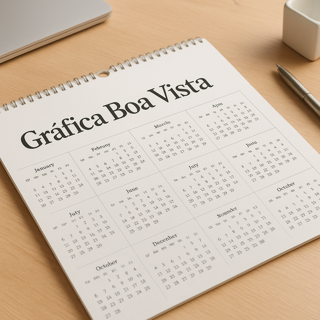Calendários personalizados impressos em Curitiba pela Gráfica Boa Vista, em formatos de mesa e parede