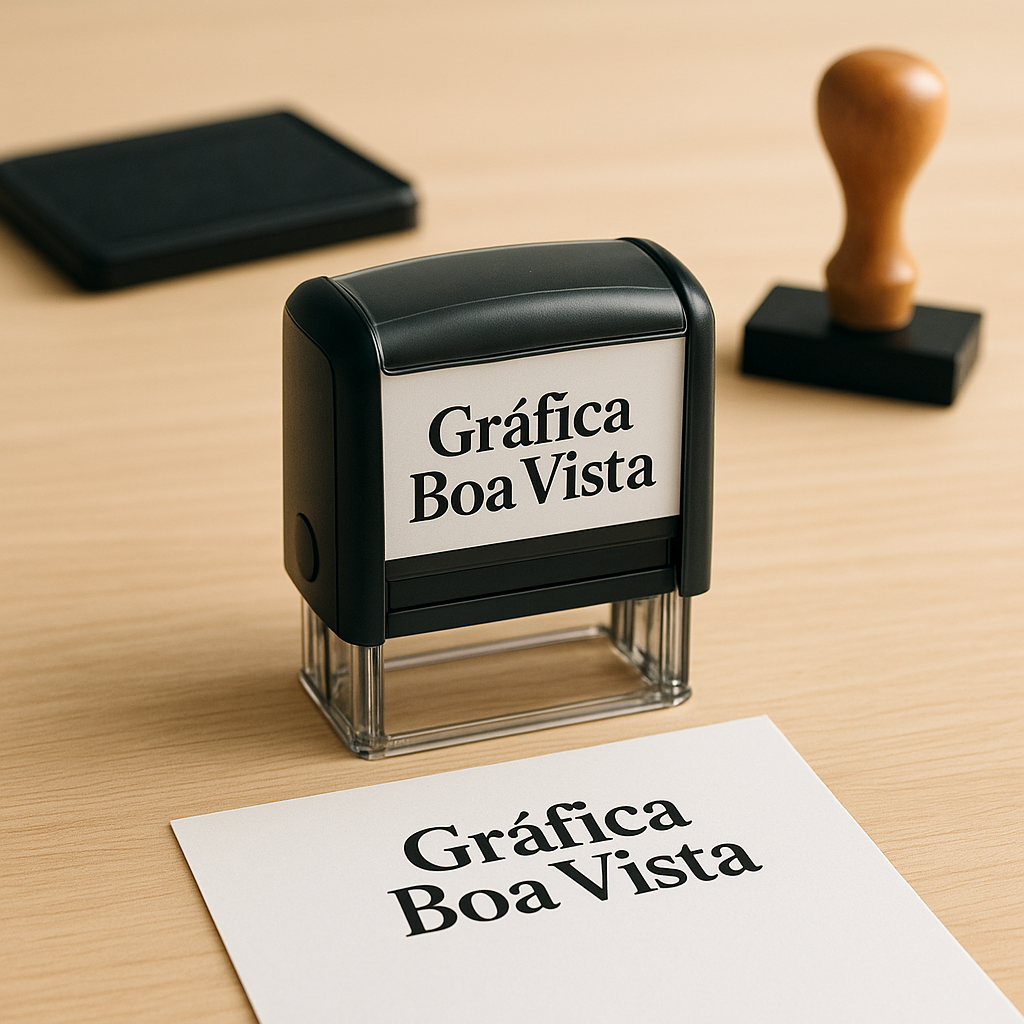 Carimbos personalizados sobre balcão de gráfica em Curitiba, com visual profissional e sem texto na imagem