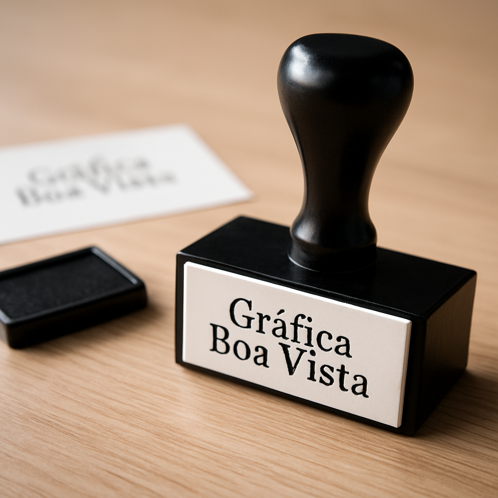 Carimbos personalizados sobre balcão de gráfica em Curitiba, com visual profissional e sem texto na imagem