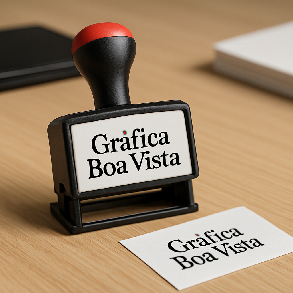 Carimbos personalizados sobre balcão de gráfica em Curitiba, com visual profissional e sem texto na imagem