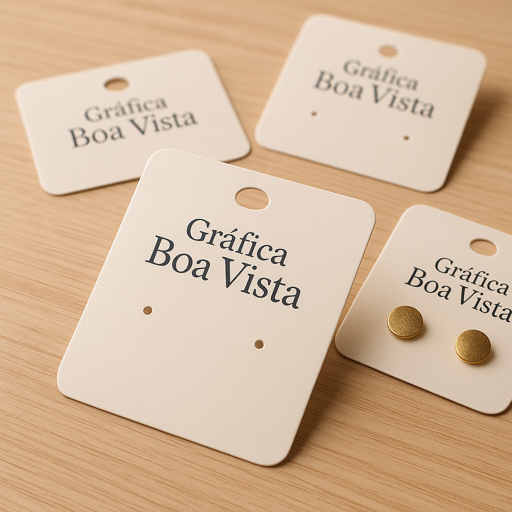 Cartelas para bijuteria em diferentes tamanhos com acabamento fosco, produzidas pela Gráfica Boa Vista em Curitiba