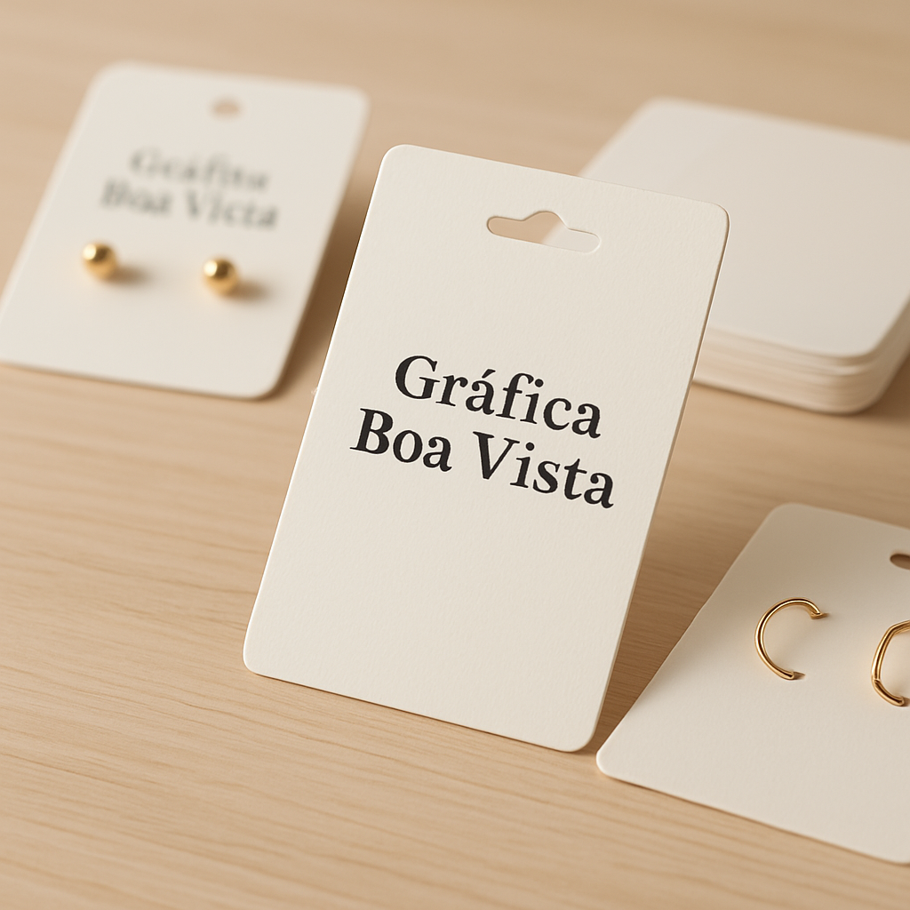 Cartelas para bijuteria em diferentes tamanhos com acabamento fosco, produzidas pela Gráfica Boa Vista em Curitiba