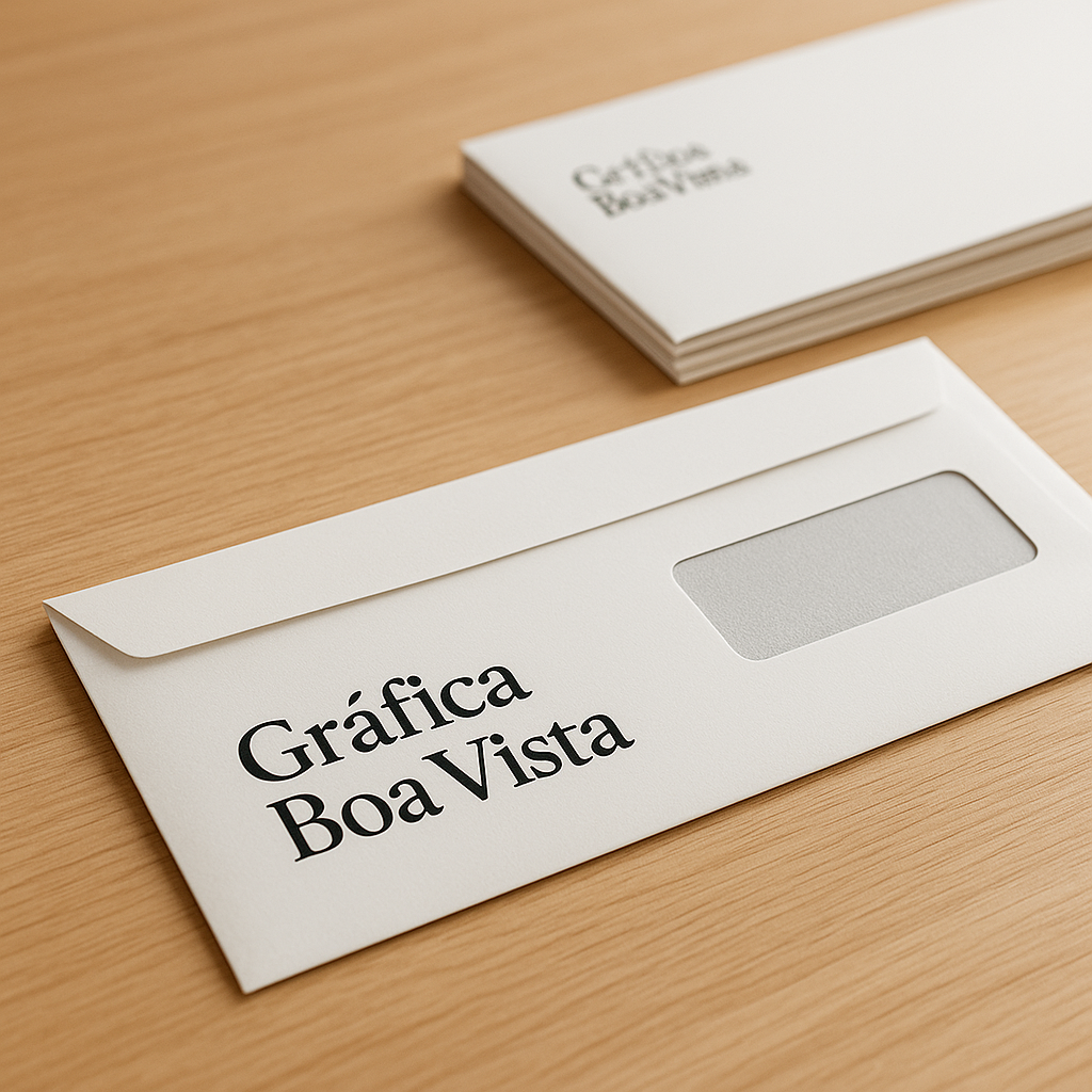 Gráfica em Curitiba com envelopes personalizados organizados em uma mesa de produção