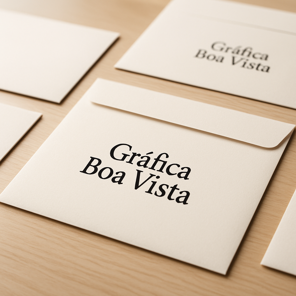Gráfica em Curitiba com envelopes personalizados organizados em uma mesa de produção