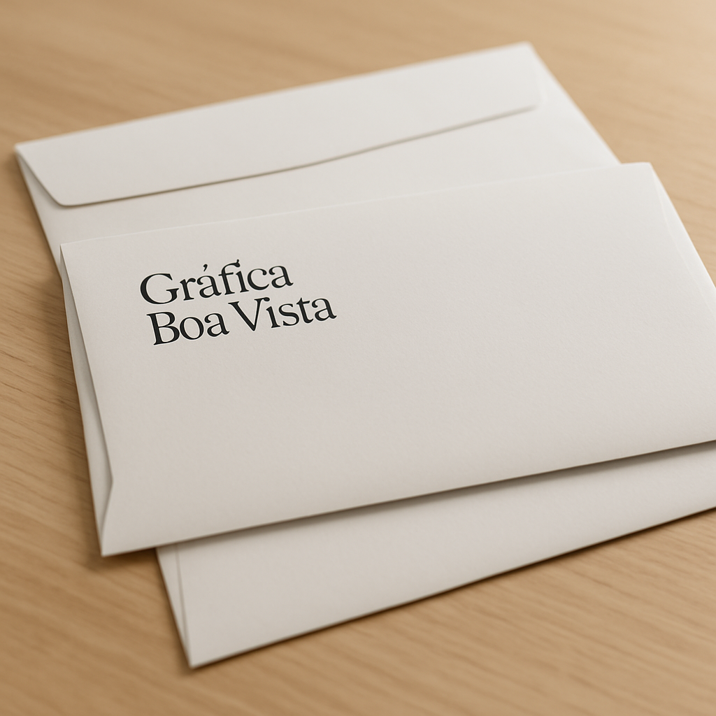 Gráfica em Curitiba com envelopes personalizados organizados em uma mesa de produção