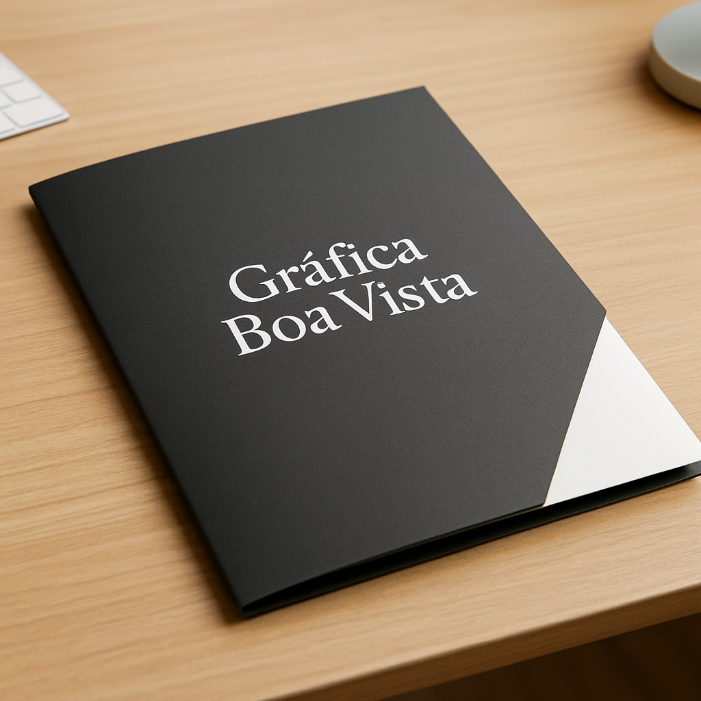 Pastas impressas em Curitiba na Gráfica Boa Vista, com acabamento profissional e aparência corporativa