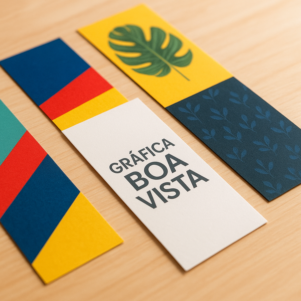 Marca página personalizado impresso em gráfica de Curitiba, com acabamento profissional e amostras de papel ao fundo